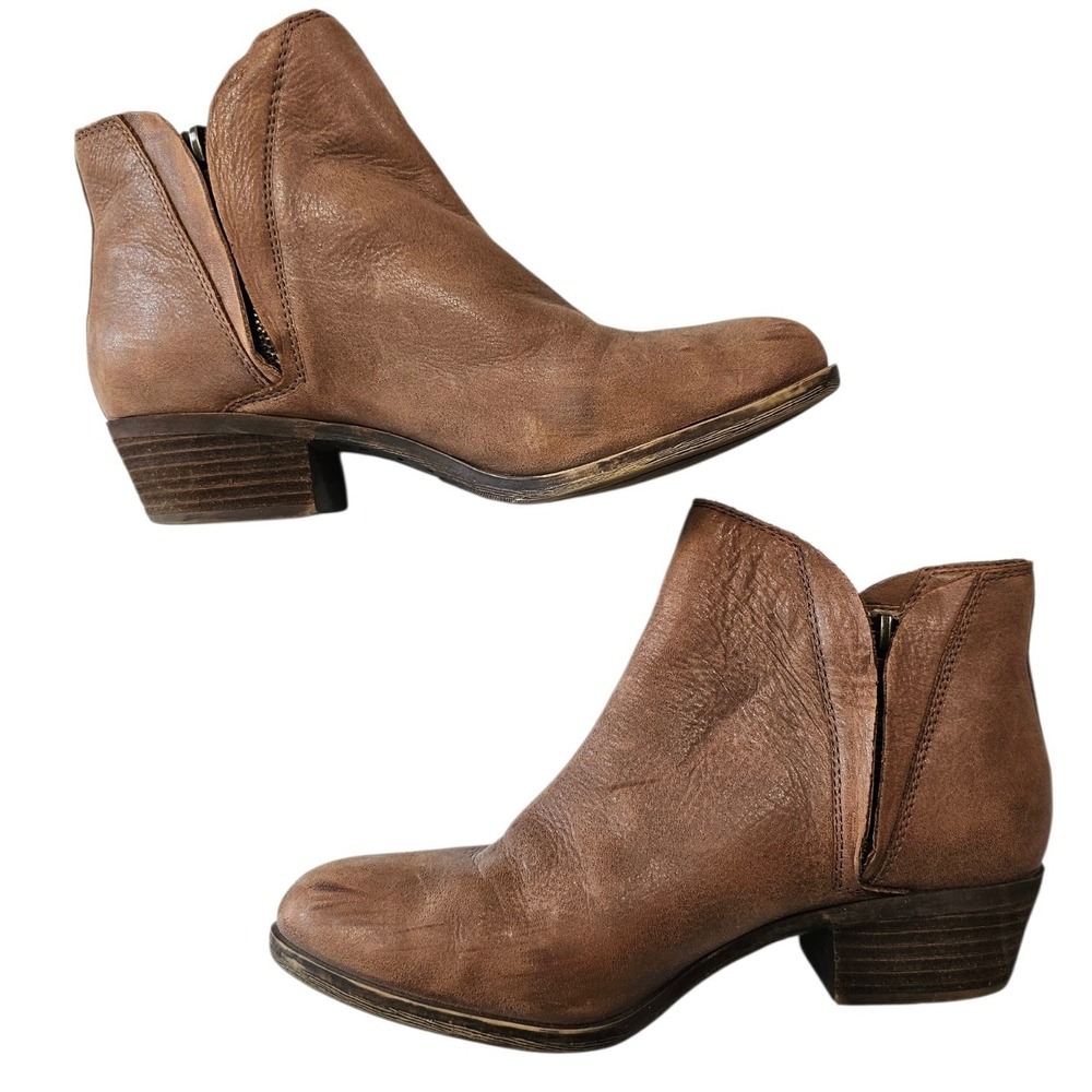 Lucky Brand Brenon Tan Leather Ankle Boots Brown Block Heel Booties Size 8.5 M